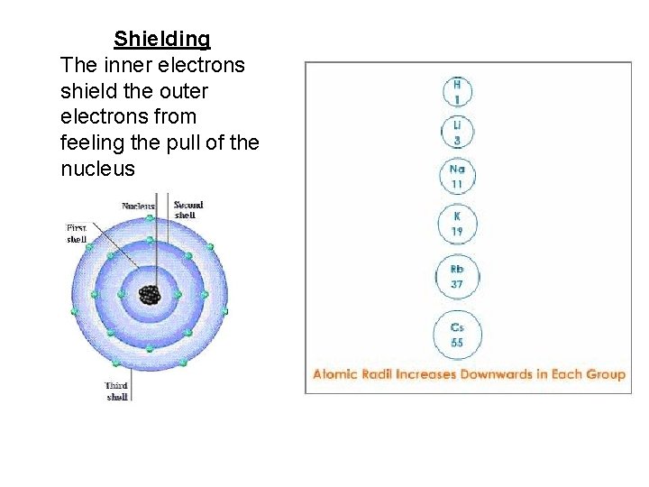 Shielding The inner electrons shield the outer electrons from feeling the pull of the