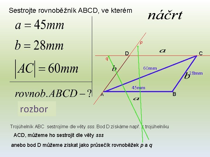 Sestrojte rovnoběžník ABCD, ve kterém p q D C 60 mm 28 mm 45