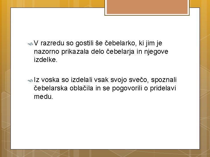  V razredu so gostili še čebelarko, ki jim je nazorno prikazala delo čebelarja