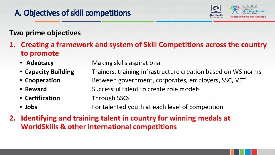 A. Objectives of skill competitions Two prime objectives 1. Creating a framework and system