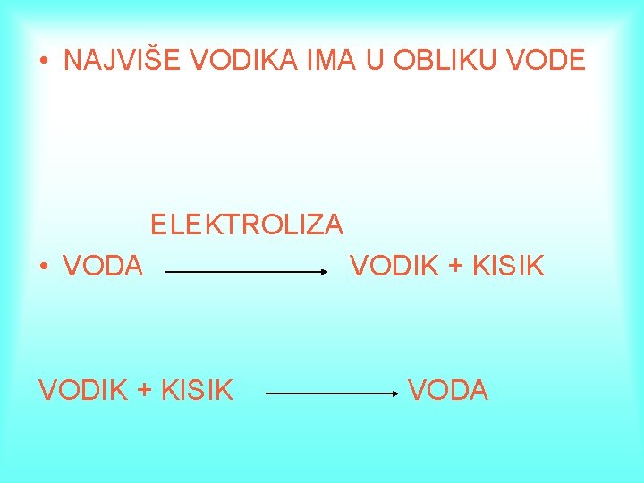  • NAJVIŠE VODIKA IMA U OBLIKU VODE ELEKTROLIZA • VODA VODIK + KISIK