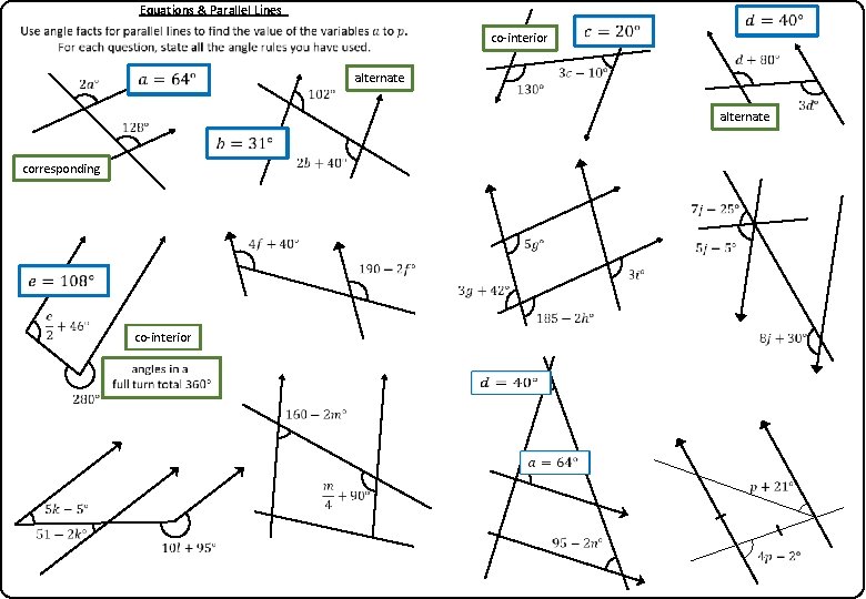 Equations & Parallel Lines alternate co-interior alternate corresponding co-interior 