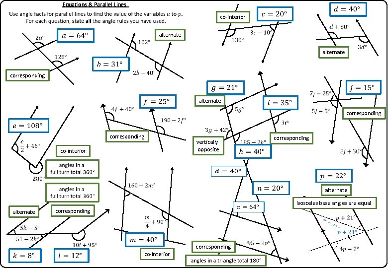 Equations & Parallel Lines alternate co-interior corresponding alternate vertically opposite co-interior alternate corresponding co-interior