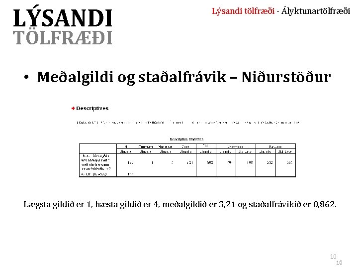 LÝSANDI Lýsandi tölfræði - Ályktunartölfræði TÖLFRÆÐI • Meðalgildi og staðalfrávik – Niðurstöður Lægsta gildið