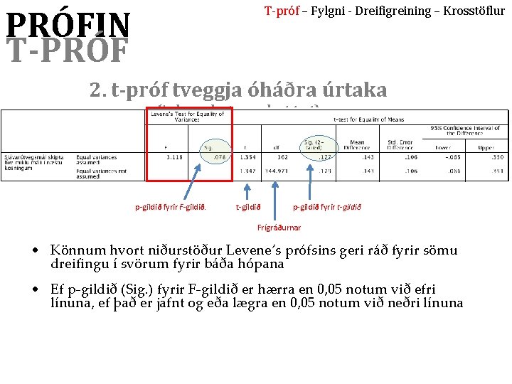 T-próf – Fylgni - Dreifigreining – Krosstöflur PRÓFIN T-PRÓF 2. t-próf tveggja óháðra úrtaka