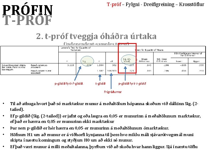 T-próf – Fylgni - Dreifigreining – Krosstöflur PRÓFIN T-PRÓF 2. t-próf tveggja óháðra úrtaka