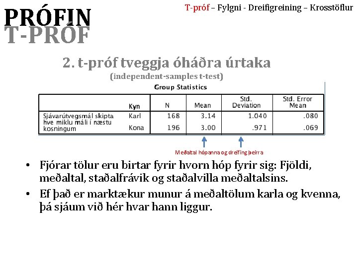 PRÓFIN T-PRÓF T-próf – Fylgni - Dreifigreining – Krosstöflur 2. t-próf tveggja óháðra úrtaka