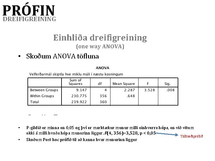 PRÓFIN DREIFIGREINING Einhliða dreifigreining (one way ANOVA) • Skoðum ANOVA töfluna • • P-gildið