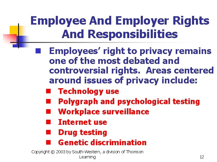 Employee And Employer Rights And Responsibilities n Employees’ right to privacy remains one of