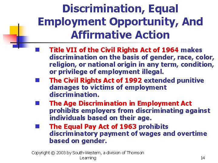 Discrimination, Equal Employment Opportunity, And Affirmative Action n n Title VII of the Civil