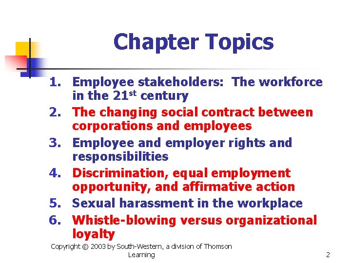 Chapter Topics 1. Employee stakeholders: The workforce in the 21 st century 2. The