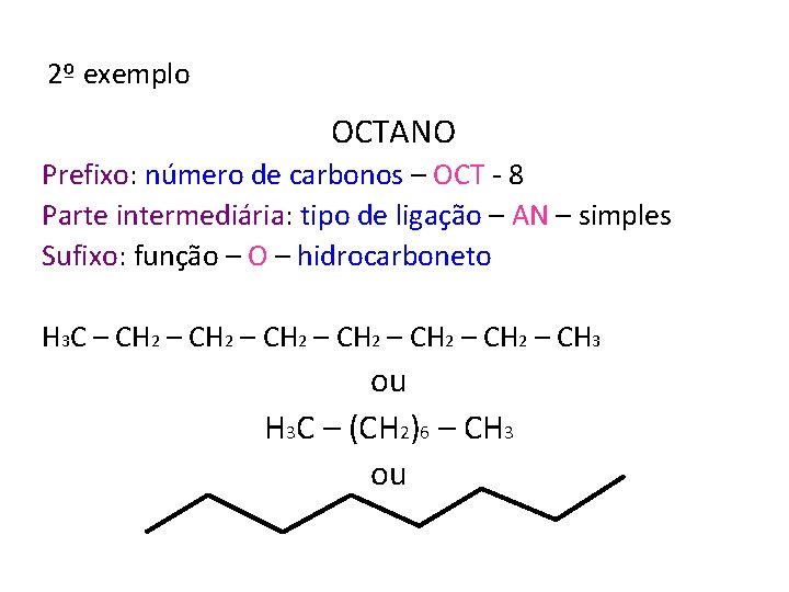 2º exemplo OCTANO Prefixo: número de carbonos – OCT - 8 Parte intermediária: tipo