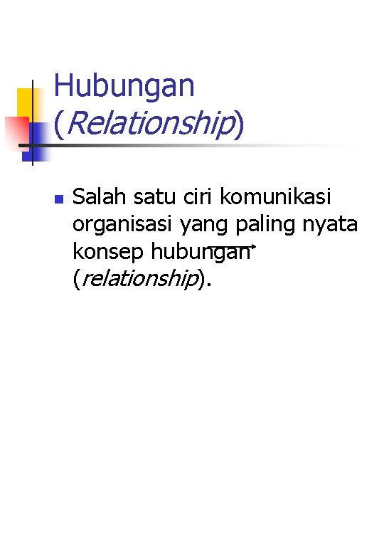 Hubungan (Relationship) n Salah satu ciri komunikasi organisasi yang paling nyata konsep hubungan (relationship). Hubungan (Relationship) n Salah satu ciri komunikasi organisasi yang paling nyata konsep hubungan (relationship).