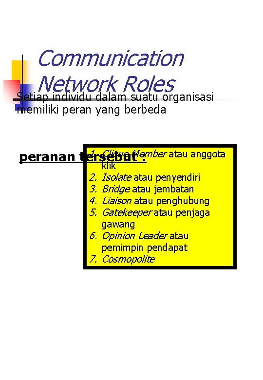 Communication Network Roles Setiap individu dalam suatu organisasi memiliki peran yang berbeda 1. Clique