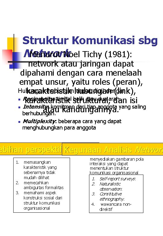 Struktur Komunikasi sbg Network Menurut Noel Tichy (1981): network atau jaringan dapat dipahami dengan