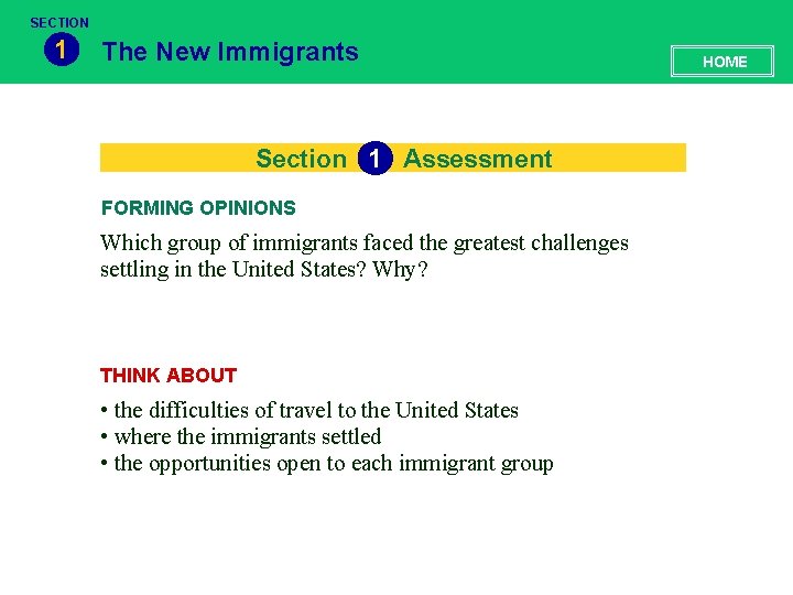 SECTION 1 The New Immigrants Section 1 Assessment FORMING OPINIONS Which group of immigrants