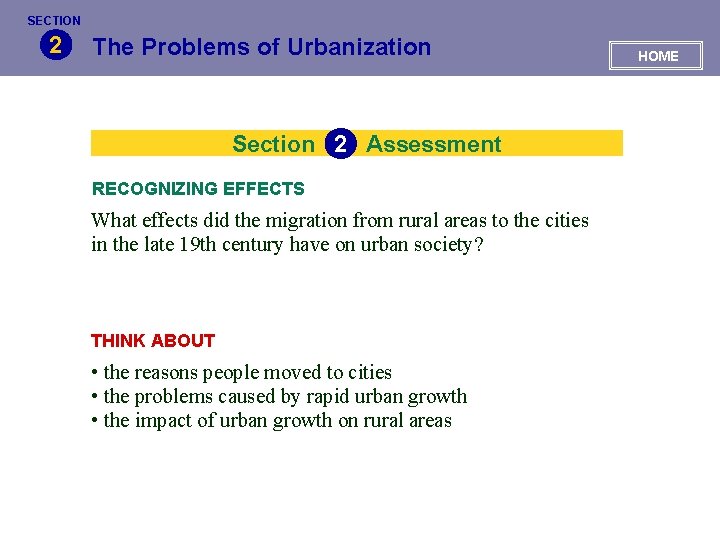 SECTION 2 The Problems of Urbanization Section 2 Assessment RECOGNIZING EFFECTS What effects did
