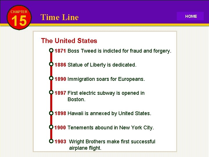 CHAPTER 15 Time Line The United States 1871 Boss Tweed is indicted for fraud