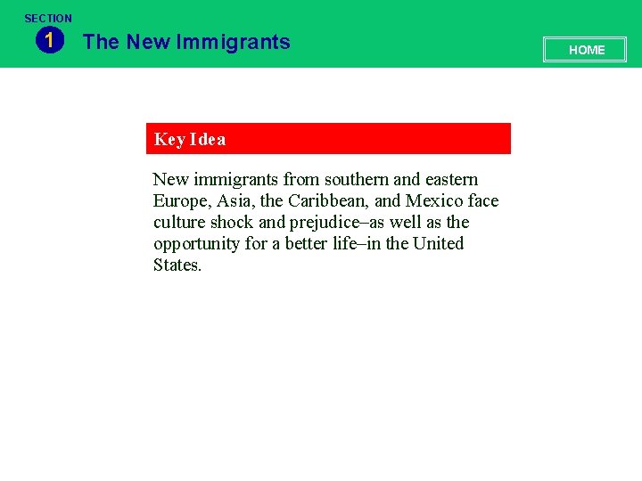 SECTION 1 The New Immigrants Key Idea New immigrants from southern and eastern Europe,