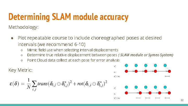 Determining SLAM module accuracy Methodology: ● Plot repeatable course to include choreographed poses at