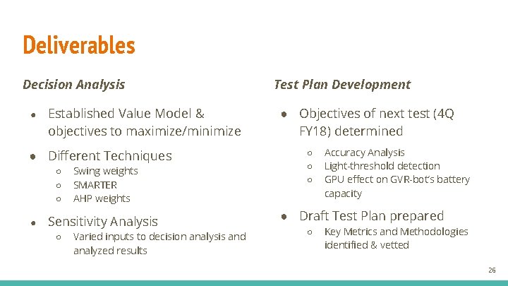 Deliverables Decision Analysis ● Established Value Model & objectives to maximize/minimize ● Different Techniques