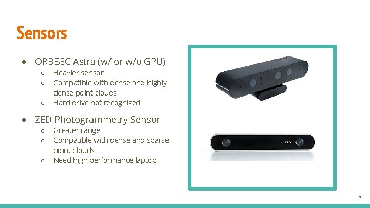 Sensors ● ORBBEC Astra (w/ or w/o GPU) ○ ○ ○ Heavier sensor Compatible