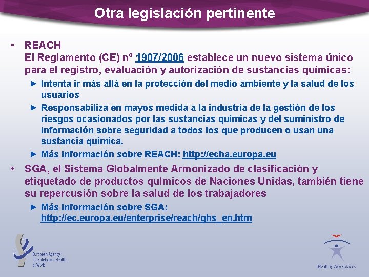 Otra legislación pertinente • REACH El Reglamento (CE) nº 1907/2006 establece un nuevo sistema