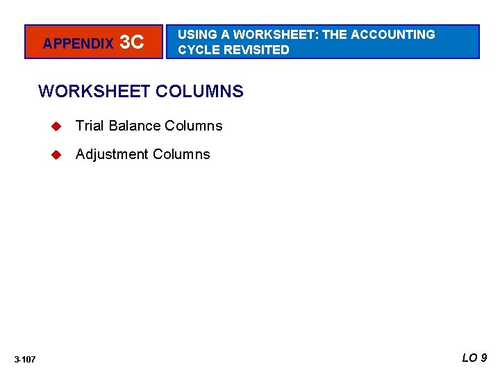 APPENDIX 3 C USING A WORKSHEET: THE ACCOUNTING CYCLE REVISITED WORKSHEET COLUMNS 3 -107