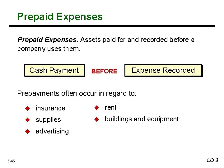 Prepaid Expenses. Assets paid for and recorded before a company uses them. Cash Payment