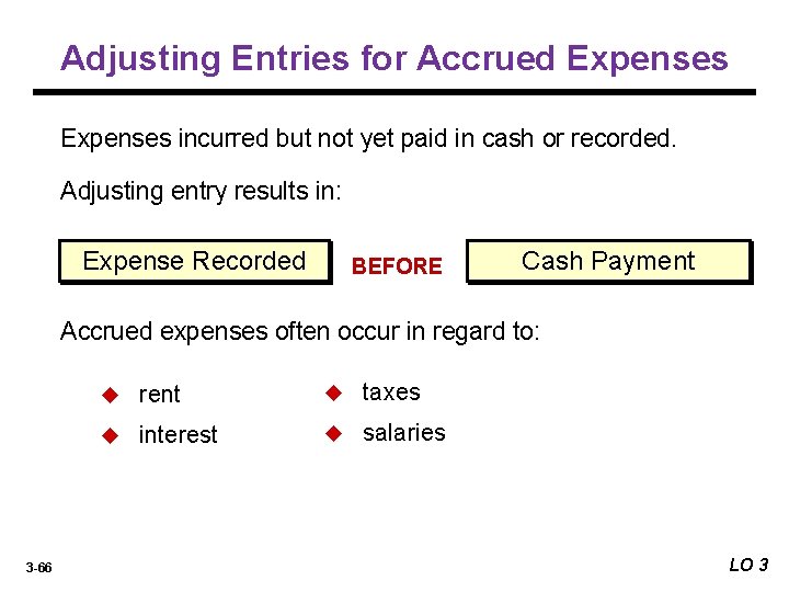 Adjusting Entries for Accrued Expenses incurred but not yet paid in cash or recorded.