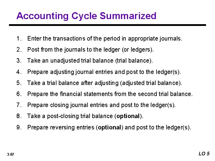 Accounting Cycle Summarized 1. Enter the transactions of the period in appropriate journals. 2.