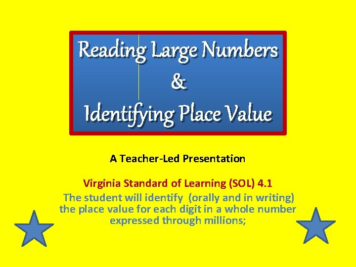 Reading Large Numbers & Identifying Place Value A Teacher-Led Presentation Virginia Standard of Learning