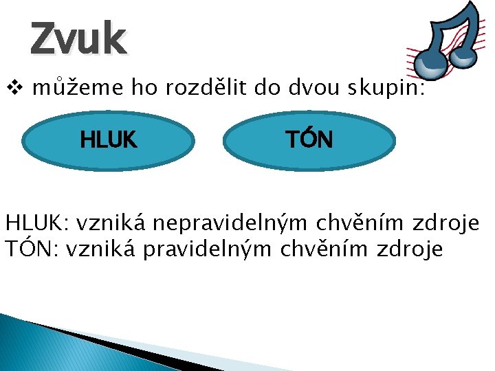 Zvuk v můžeme ho rozdělit do dvou skupin: HLUK TÓN HLUK: vzniká nepravidelným chvěním