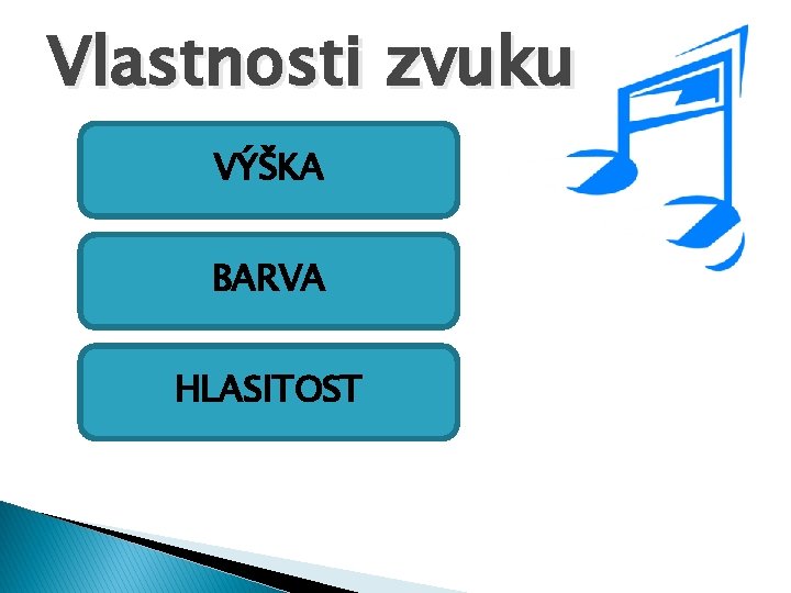 Vlastnosti zvuku VÝŠKA BARVA HLASITOST 