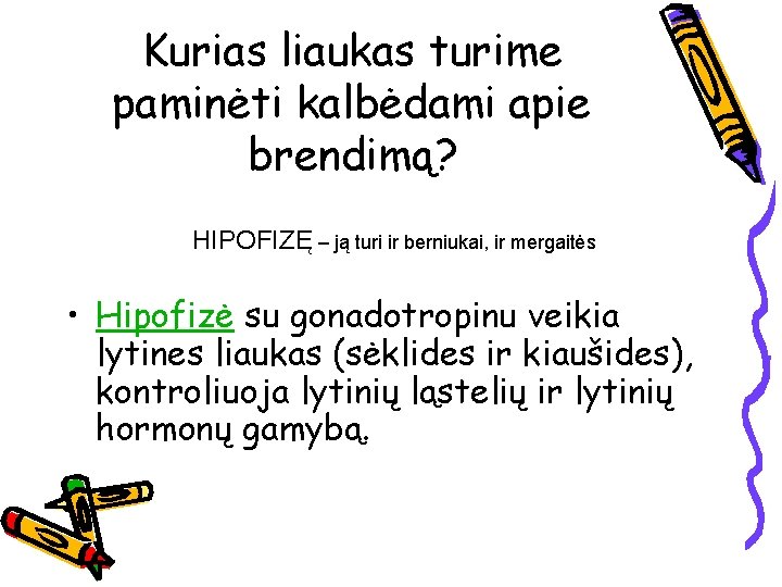 Kurias liaukas turime paminėti kalbėdami apie brendimą? HIPOFIZĘ – ją turi ir berniukai, ir