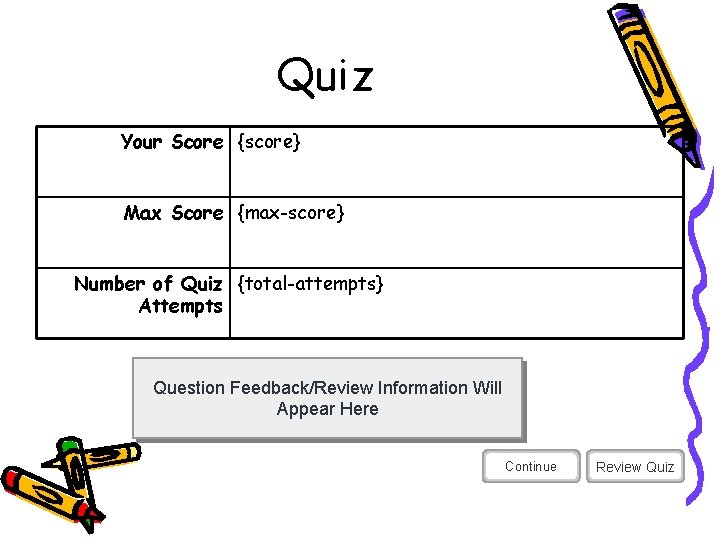Quiz Your Score {score} Max Score {max-score} Number of Quiz {total-attempts} Attempts Question Feedback/Review