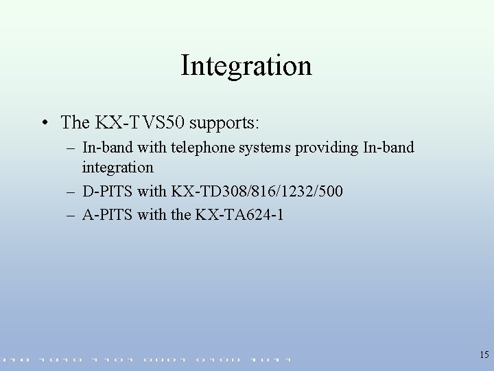 Integration • The KX-TVS 50 supports: – In-band with telephone systems providing In-band integration