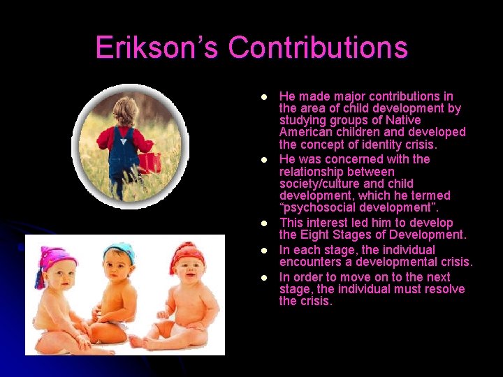 Erikson’s Contributions l l l He made major contributions in the area of child