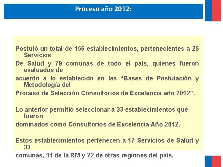 Proceso año 2012: Postuló un total de 156 establecimientos, pertenecientes a 25 Servicios De
