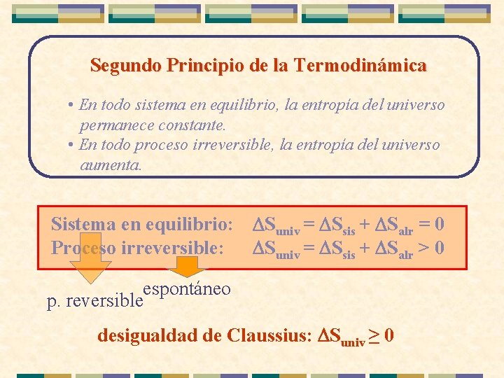 Segundo Principio de la Termodinámica • En todo sistema en equilibrio, la entropía del