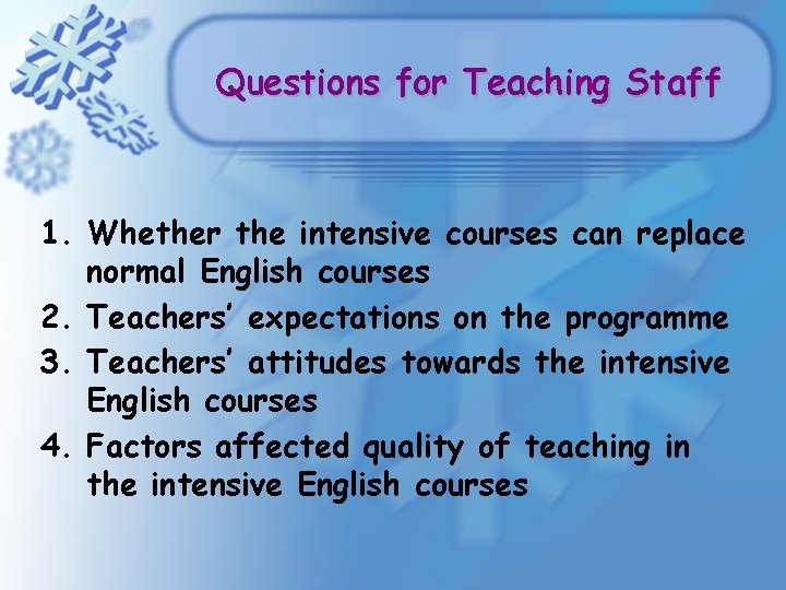 Questions for Teaching Staff 1. Whether the intensive courses can replace normal English courses Questions for Teaching Staff 1. Whether the intensive courses can replace normal English courses