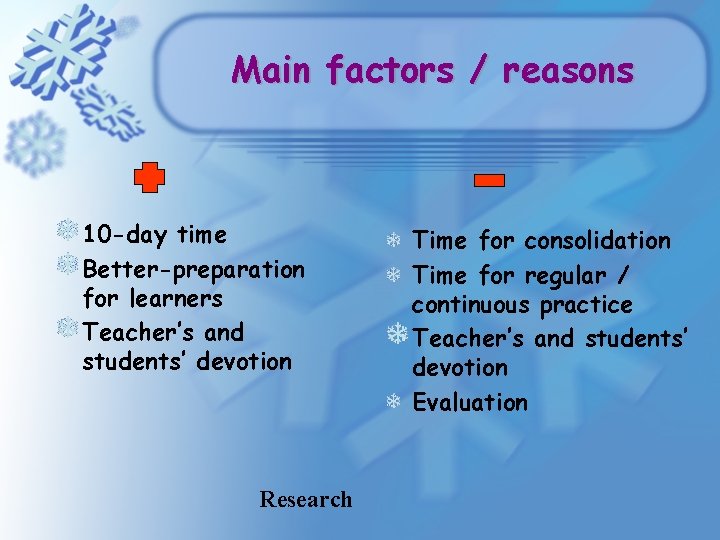 Main factors / reasons 10 -day time Better-preparation for learners Teacher’s and students’ devotion Main factors / reasons 10 -day time Better-preparation for learners Teacher’s and students’ devotion