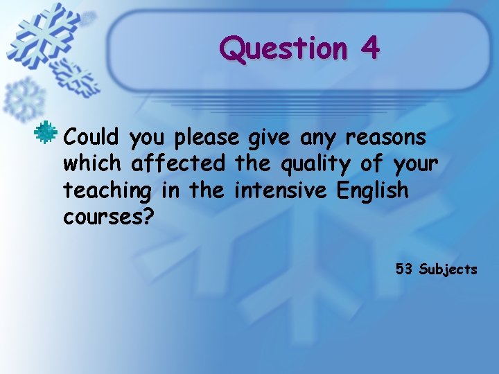 Question 4 Could you please give any reasons which affected the quality of your Question 4 Could you please give any reasons which affected the quality of your