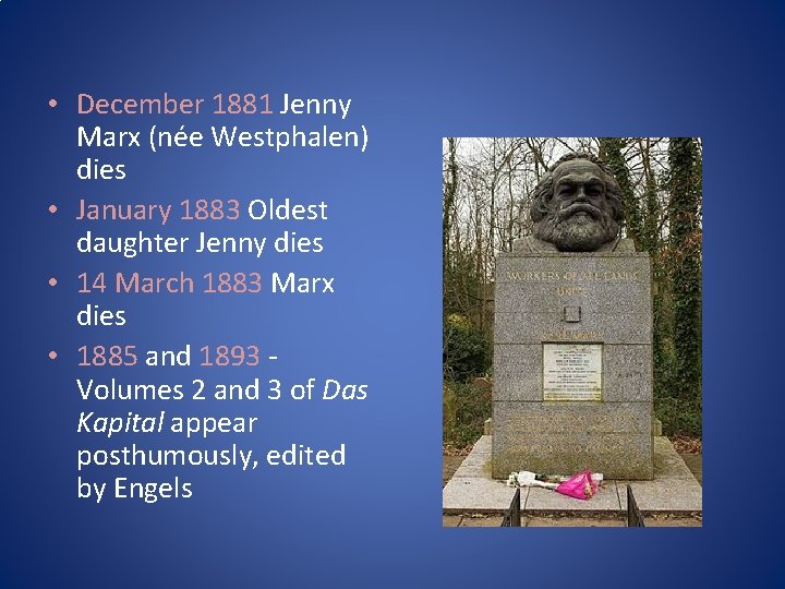 • December 1881 Jenny Marx (née Westphalen) dies • January 1883 Oldest daughter • December 1881 Jenny Marx (née Westphalen) dies • January 1883 Oldest daughter