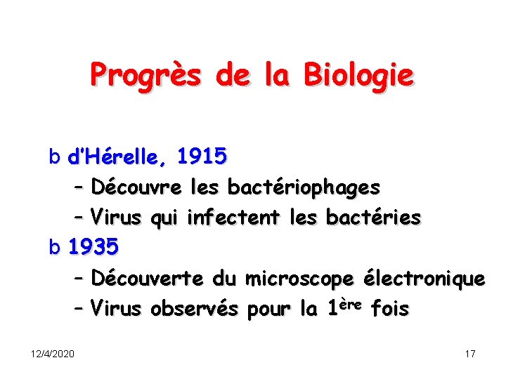 Progrès de la Biologie b d’Hérelle, 1915 – Découvre les bactériophages – Virus qui