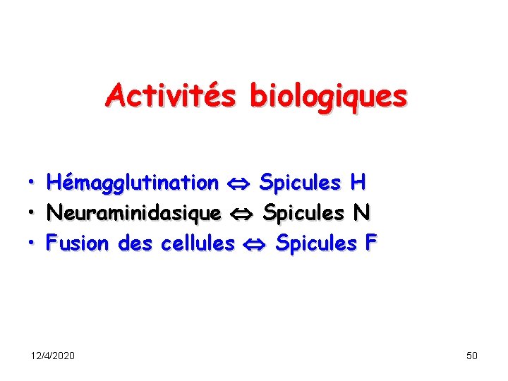 Activités biologiques • • • Hémagglutination Spicules H Neuraminidasique Spicules N Fusion des cellules