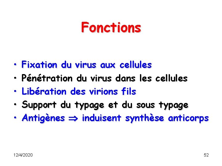 Fonctions • • • Fixation du virus aux cellules Pénétration du virus dans les