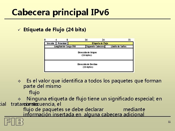 Cabecera principal IPv 6 ü Etiqueta de Flujo (24 bits) Es el valor que