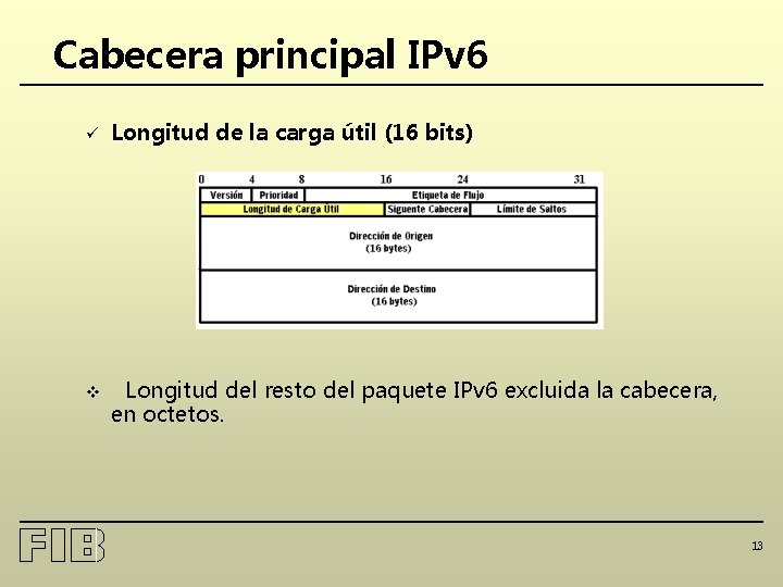 Cabecera principal IPv 6 ü Longitud de la carga útil (16 bits) v Longitud