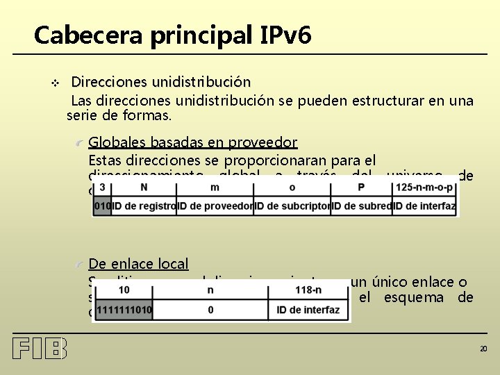 Cabecera principal IPv 6 v Direcciones unidistribución Las direcciones unidistribución se pueden estructurar en